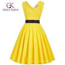 Grace Karin Sleeveless Sweetheart V-Back High Stretchy Yellow 50s Retro Vintage Pin Up Dress CL008948-3